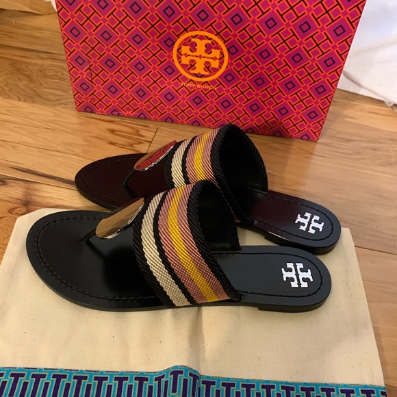 Tory Burch Patos disc sandal in black stripe. - Picture 3 of 4